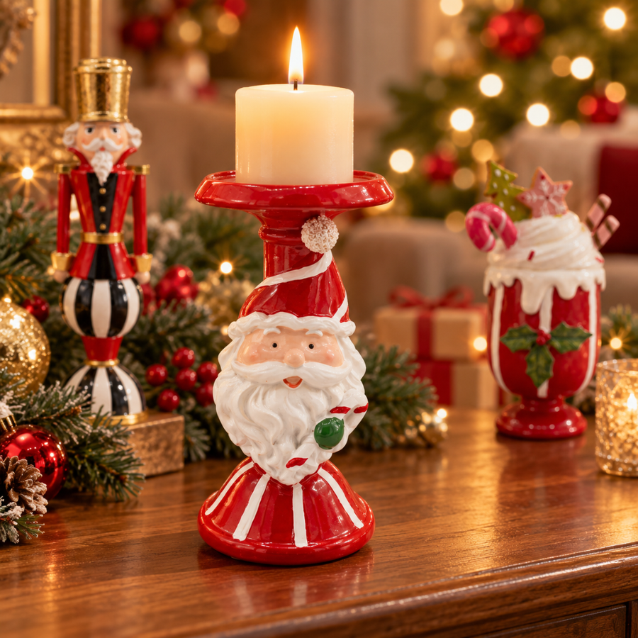 Castiçal Decorativo com Noel em Resina Vermelho e Branco