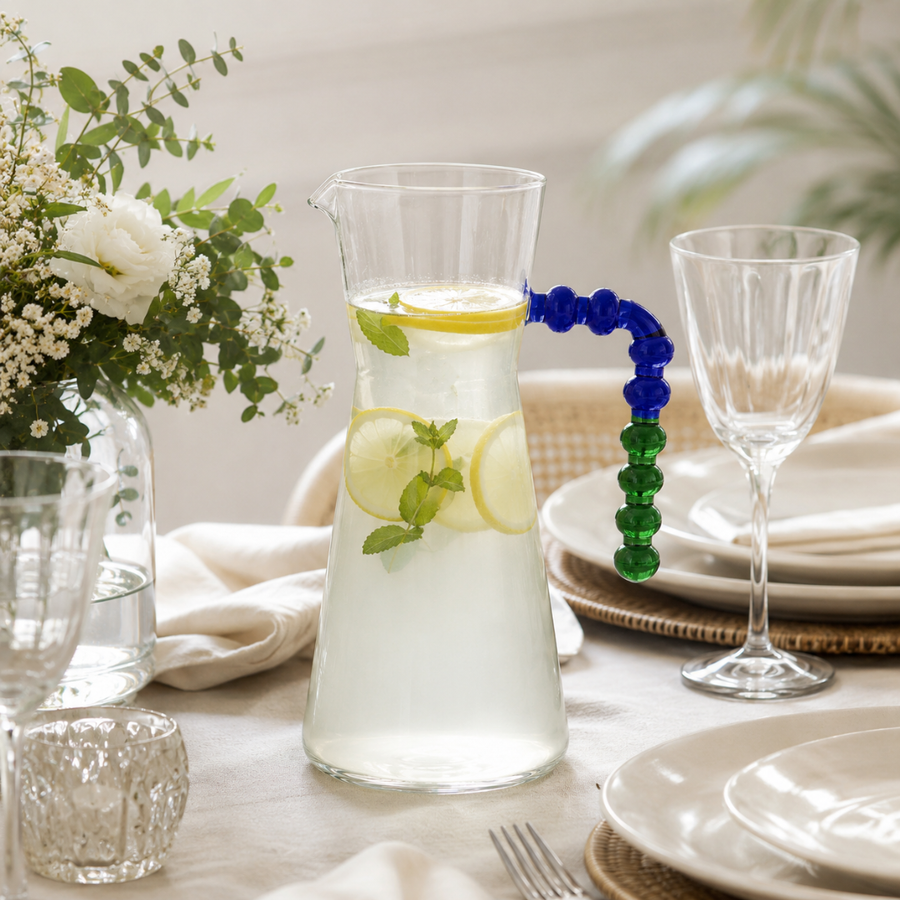 Jarra em Vidro Transparente com Haste em Esfera Azul e Verde – 1090 ml