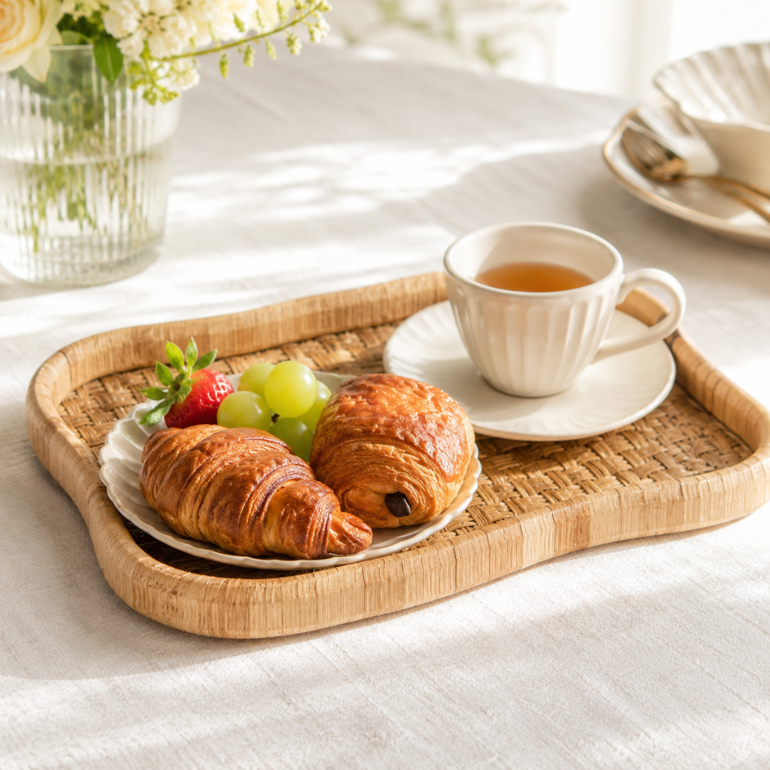 Bandeja em Madeira e Fibra Rattan Natural – 42 x 25 cm