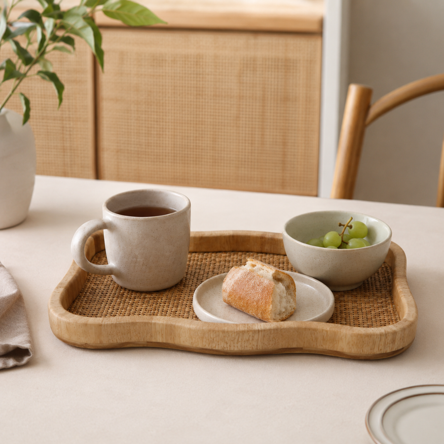 Bandeja em Madeira e Fibra Rattan Natural – 48 x 30 cm
