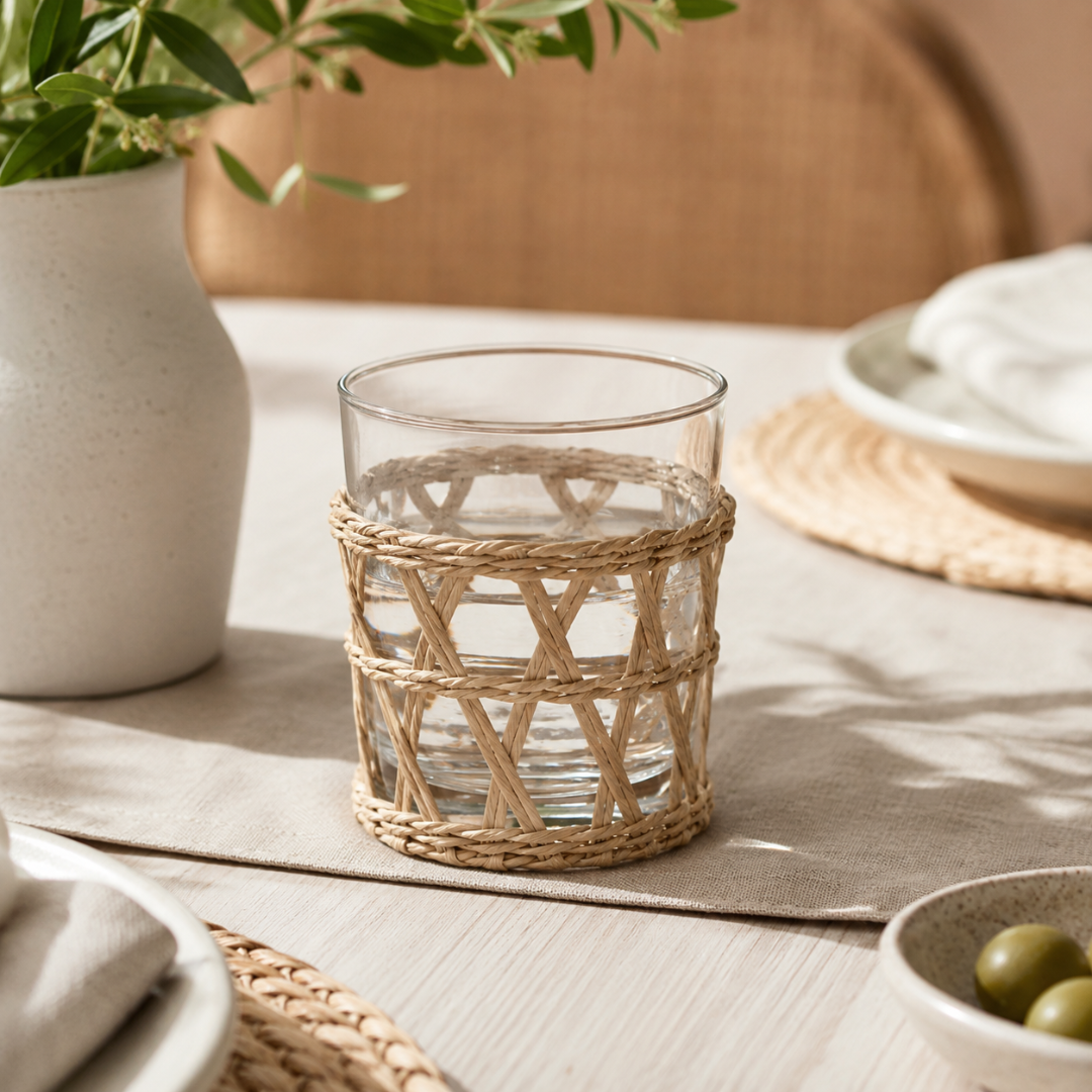 Conjunto de Copos de Vidro e Rattan Bege – 300 ml