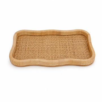 Bandeja em Madeira e Fibra Rattan Natural – 42 x 25 cm