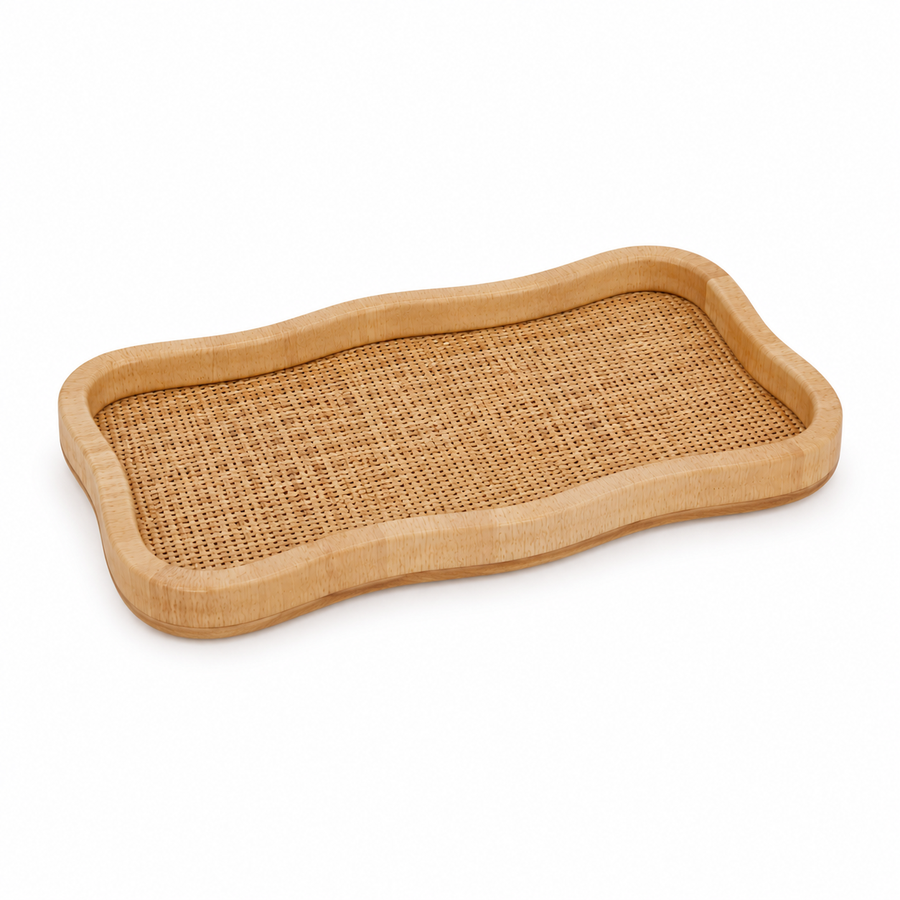 Bandeja em Madeira e Fibra Rattan Natural – 42 x 25 cm