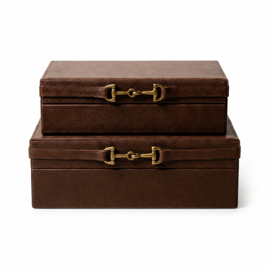 Conjunto de Caixas Decorativas em Couro Sintético Marrom – 2 Peças