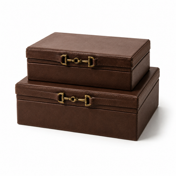 Conjunto de Caixas Decorativas em Couro Sintético Marrom – 2 Peças