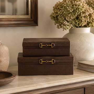 Conjunto de Caixas Decorativas em Couro Sintético Marrom – 2 Peças
