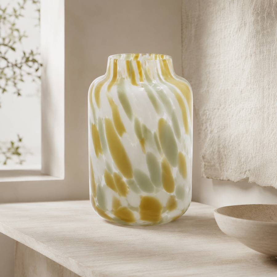 Vaso Decorativo em Vidro Transparente com Detalhes Cinza e Bege