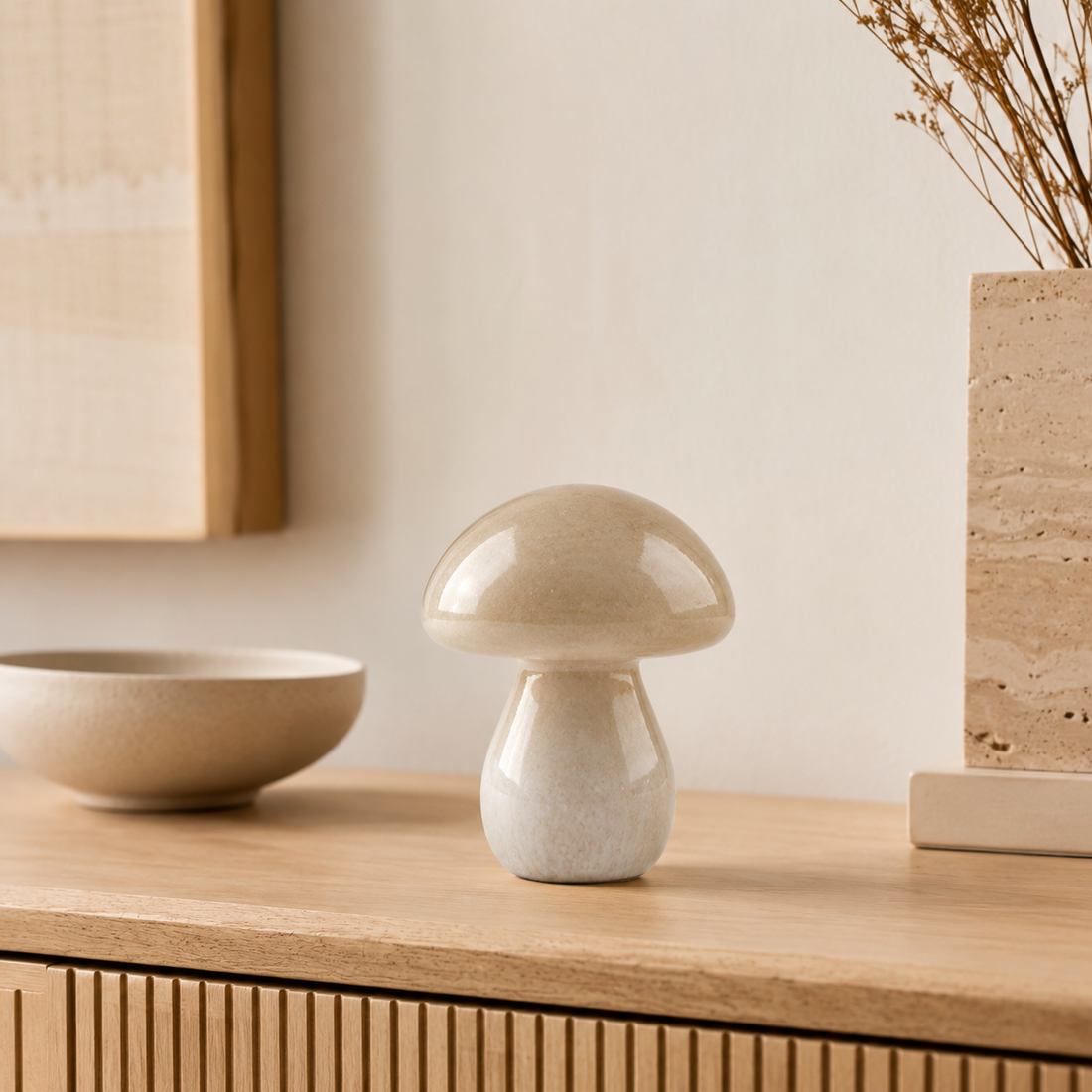 Cogumelo Decorativo em Vidro Bege – Pequeno