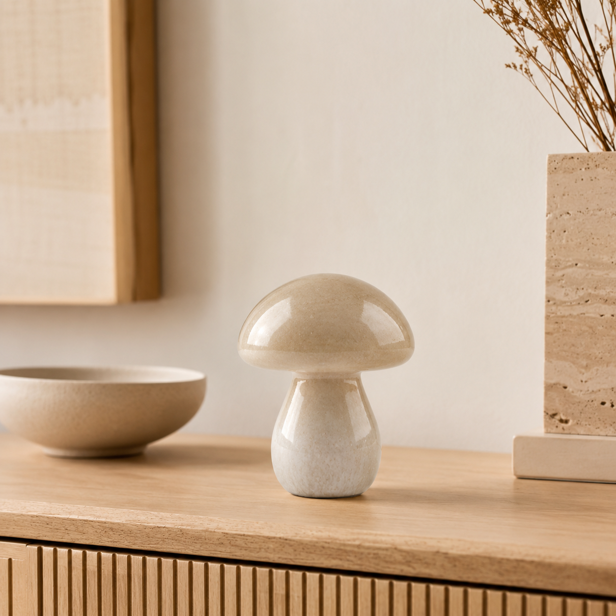Cogumelo Decorativo em Vidro Bege – Pequeno