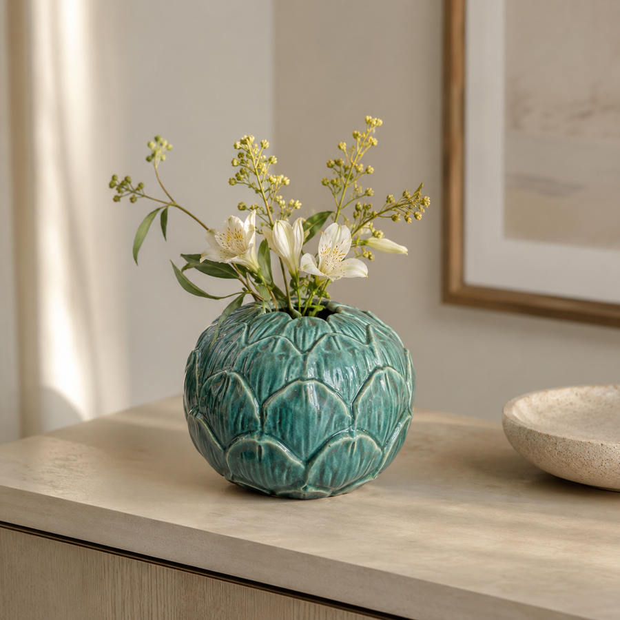 Vaso Decorativo em Cerâmica Azul Redondo