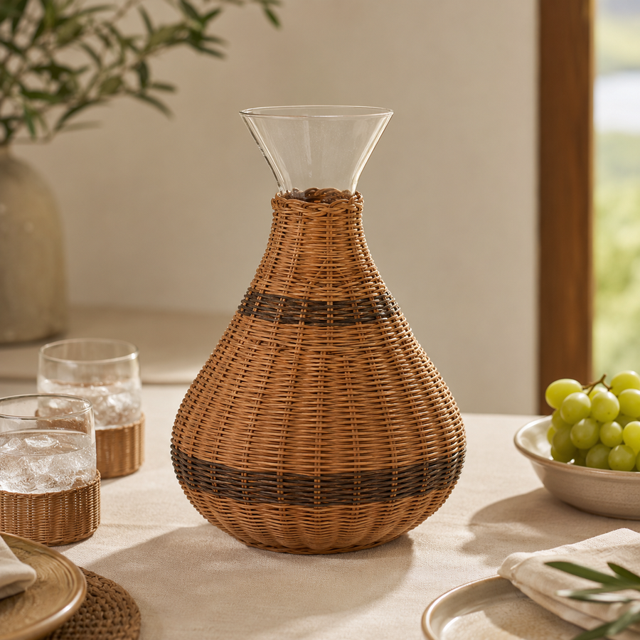 Decanter em Vidro e Rattan Transparente e Marrom