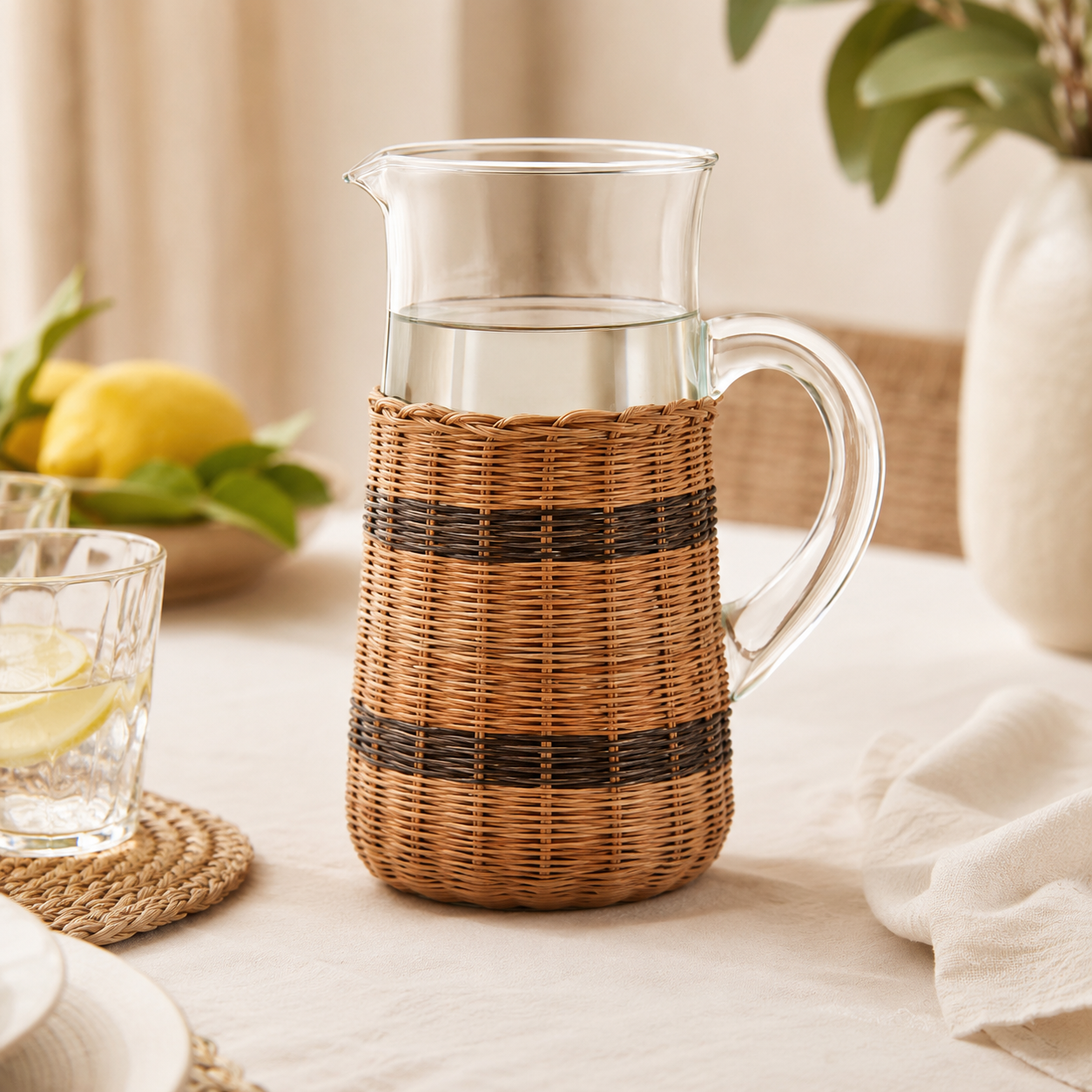 Jarra em Vidro e Rattan Transparente e Marrom