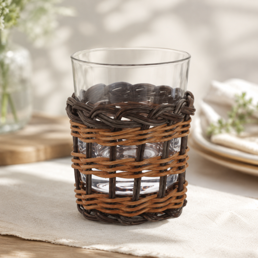 Conjunto de Copos em Vidro e Rattan Transparente e Marrom