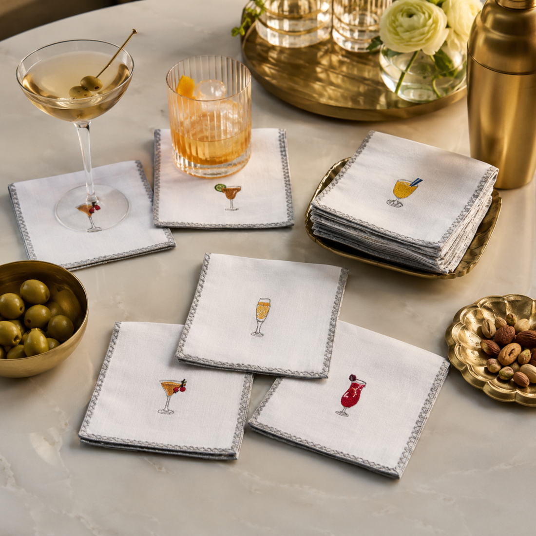 Kit de 6 Guardanapos de Coquetel Bordados
