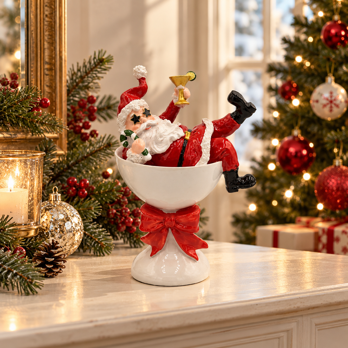 Peça Decorativa Papai Noel Drunk Branco e Vermelho