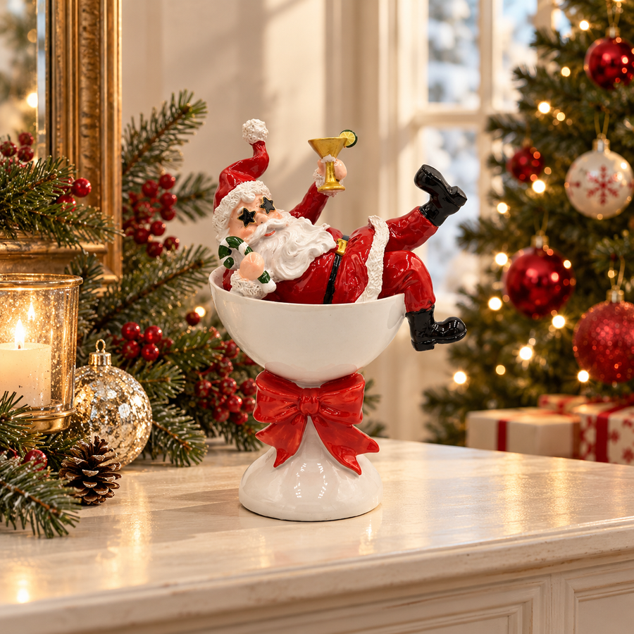 Peça Decorativa Papai Noel Drunk Branco e Vermelho