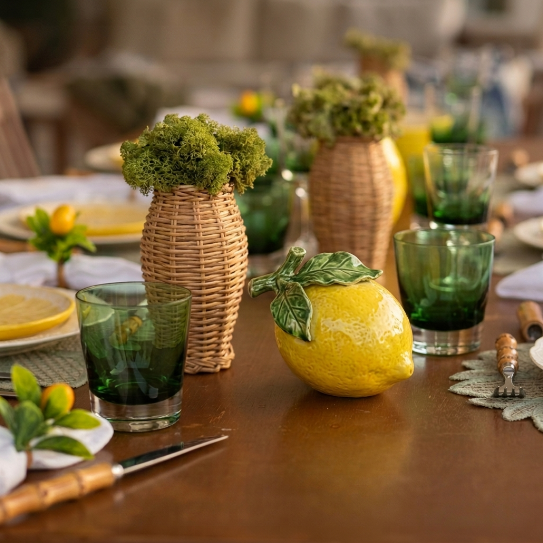 Vaso Decorativo Cerâmica e Rattan