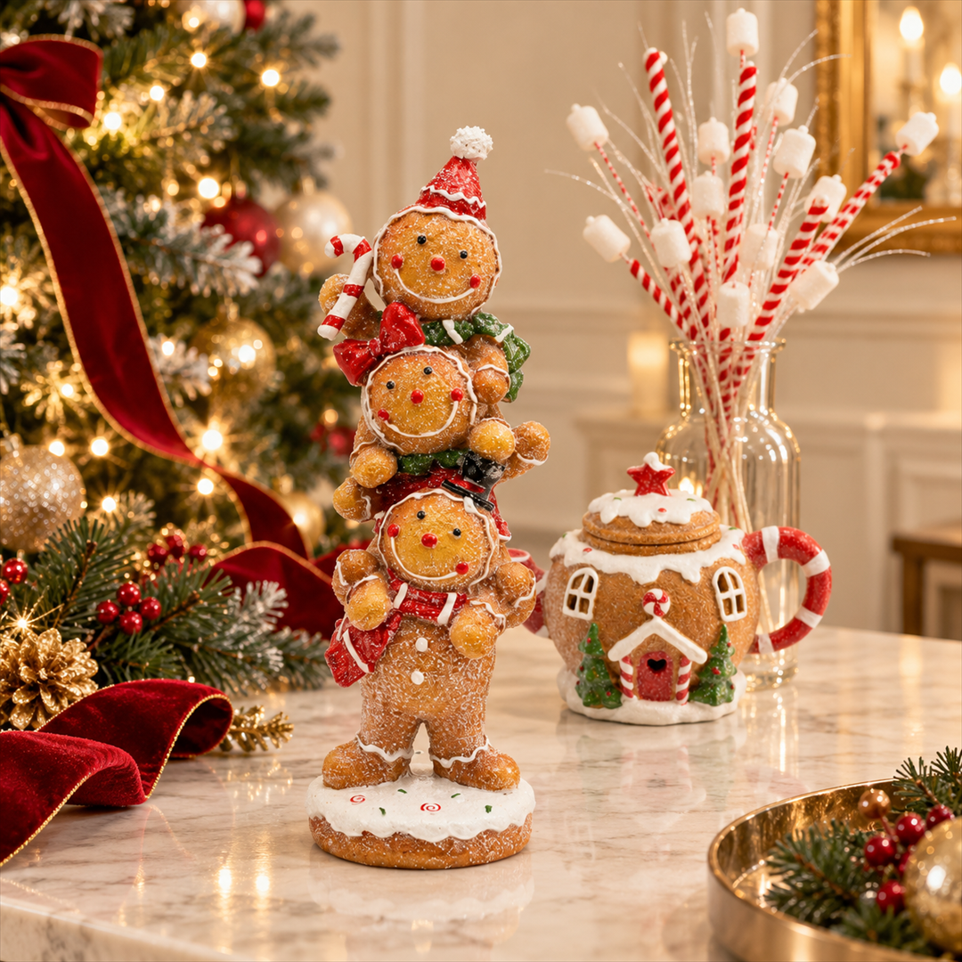 Peça Decorativa Gingerbreads em Resina Vermelho e Verde
