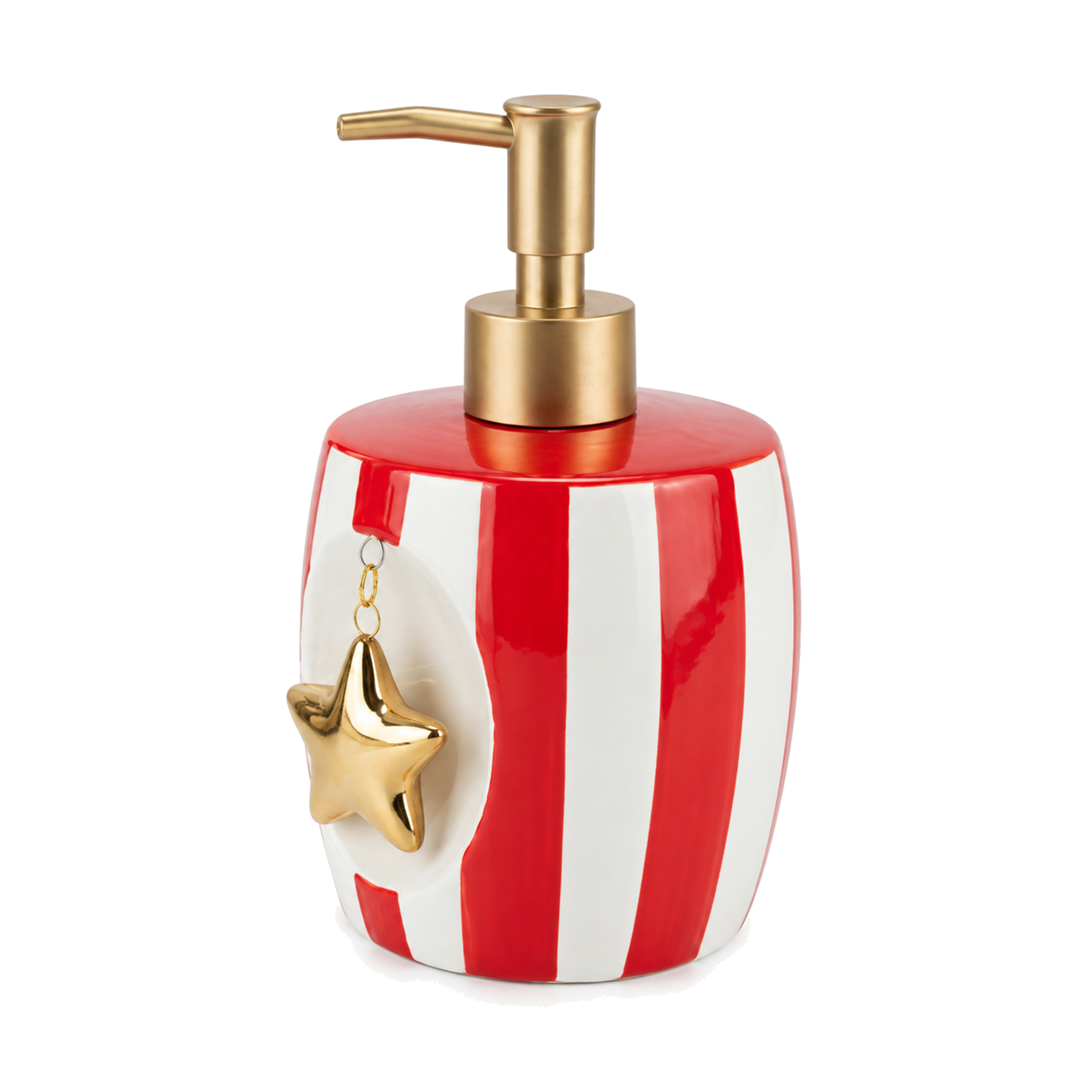 Dispenser de Sabonete em Cerâmica Listras Vermelho e Branco